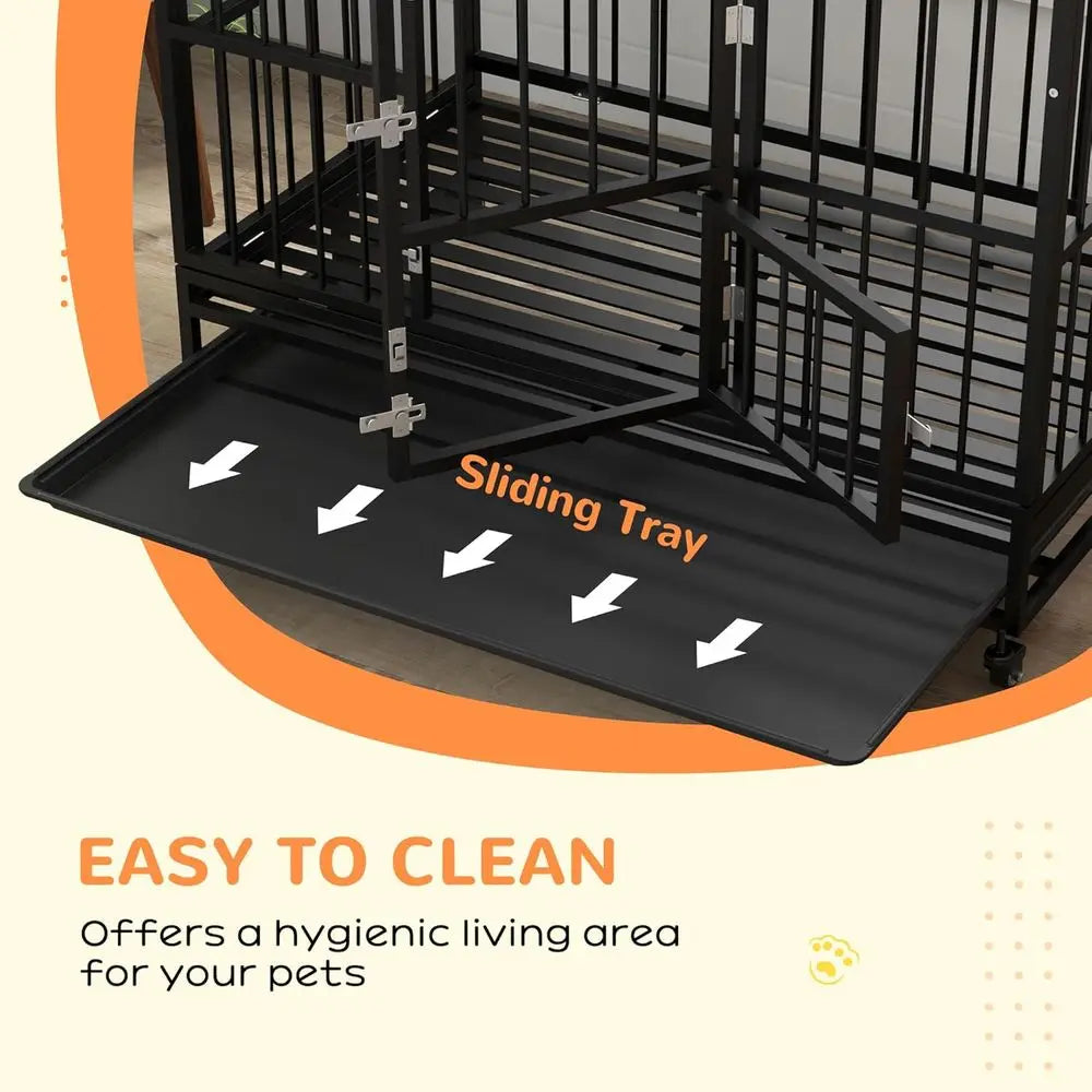 48 Inch Heavy-Duty Steel Dog Crate with Lockable Wheels, Removable Tray, and Double Doors for Large Breeds