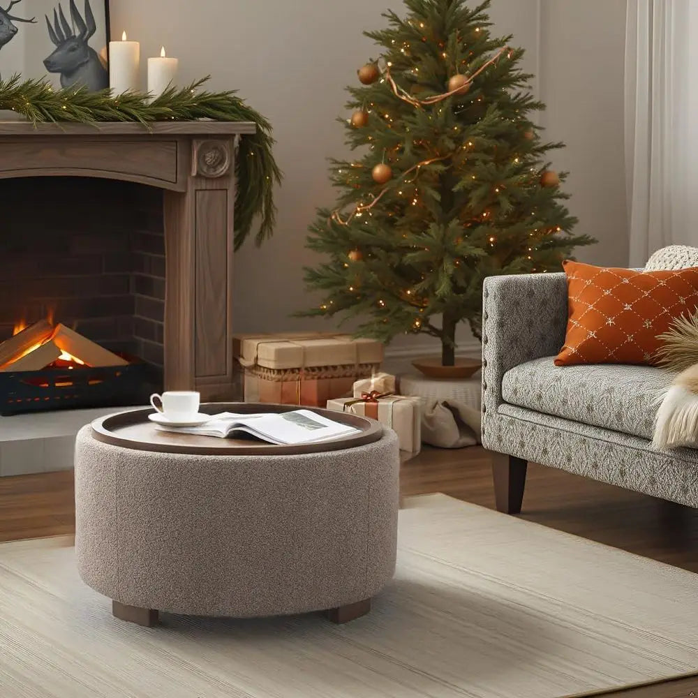 Round Storage Ottoman Coffee Table, Modern Boucle Ottoman with Lift-Off Lid and Solid Wood Legs for Living Room, Bedroom, Corner
