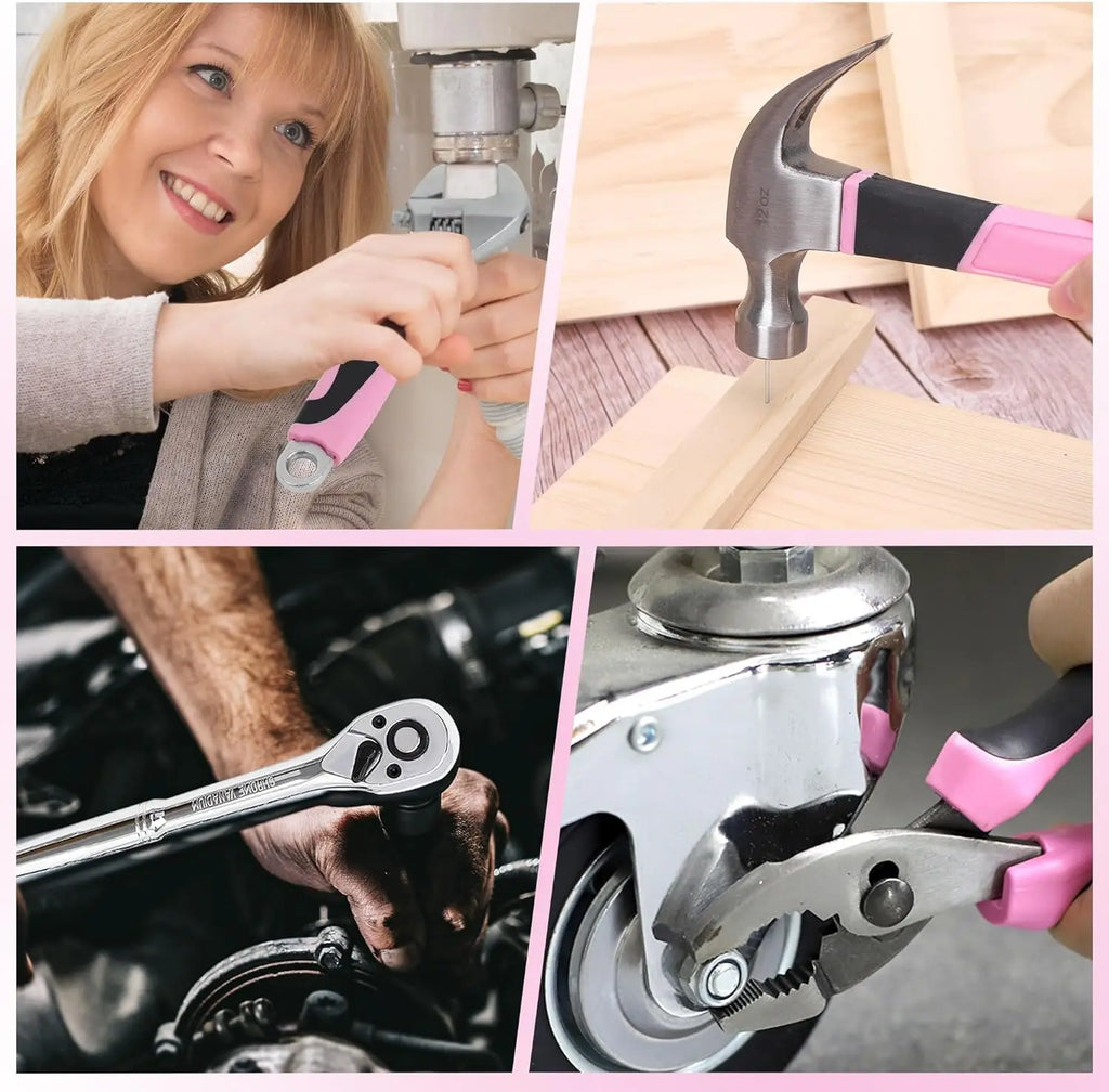 198-Piece Pink Tool Set with Toolbox, SAE Hand Tool Kit for DIY & Home Repair
