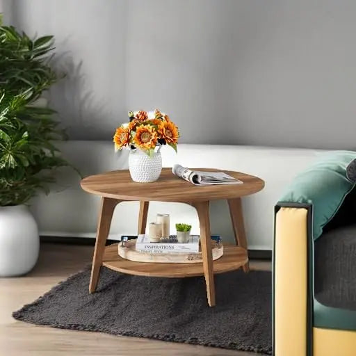 Round Coffee Table with Storage, 2-Tier Design, Tapered Legs, Easy Assembly for Living Room in Honey Brown
