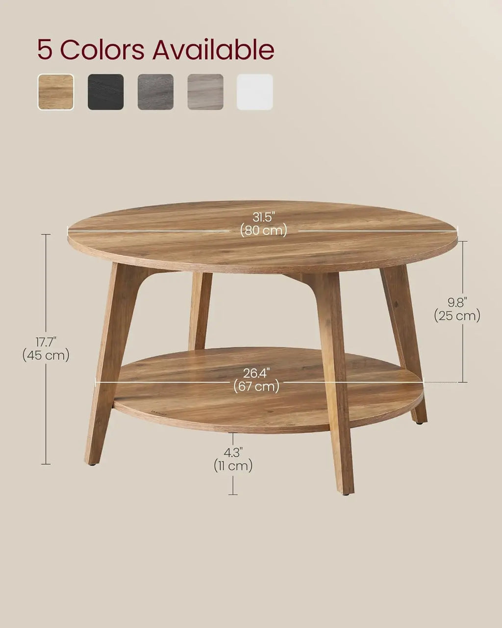 Round Coffee Table with Storage, 2-Tier Design, Tapered Legs, Easy Assembly for Living Room in Honey Brown