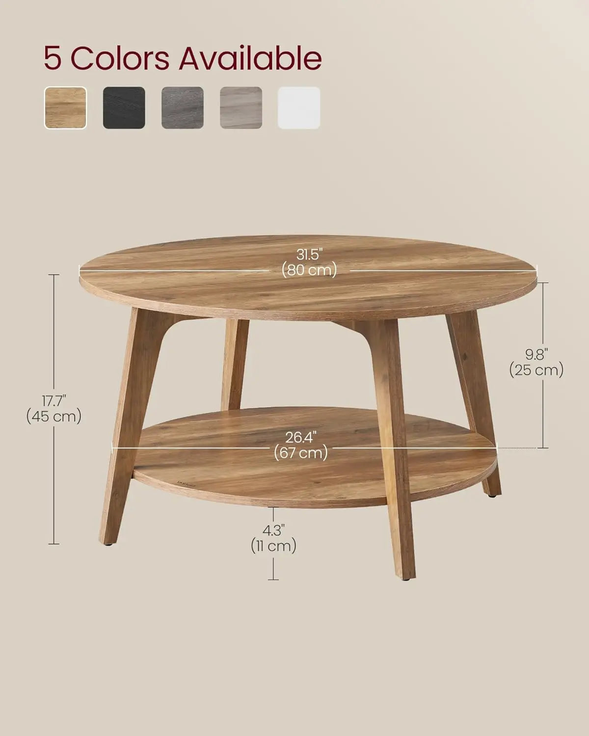 Round Coffee Table with Storage, 2-Tier Design, Tapered Legs, Easy Assembly for Living Room in Honey Brown