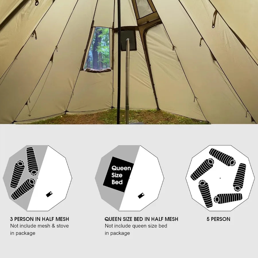 4~6 Person Tipi Hot Tent T3 XL with Screen Window Hght 8' 6" 2.6m Diameter 15' 4.6m for Wood Buring Stove Bushcraft Family Camp
