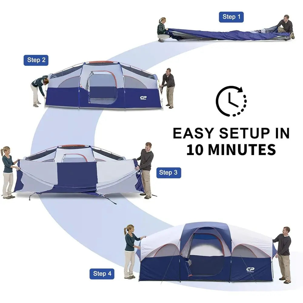 8-Person Weatherproof Camping Tent with 5 Mesh Windows, Double Layer, Divided Rooms, Portable and Easy to Carry