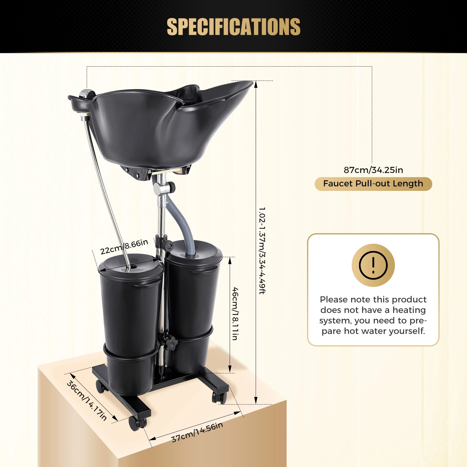 Portable Shampoo Basin with 2 Water Buckets, 30cm Deep Salon Hair Washing Sink, Adjustable Height Angle Mobile Shampoo Bowl Unit