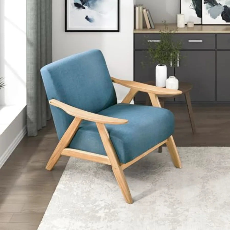 Mid Century Modern Accent Chair with Solid Wood Frame in Natural Finish Textured Fabric Living Room Lounge Arm Chair Thick and