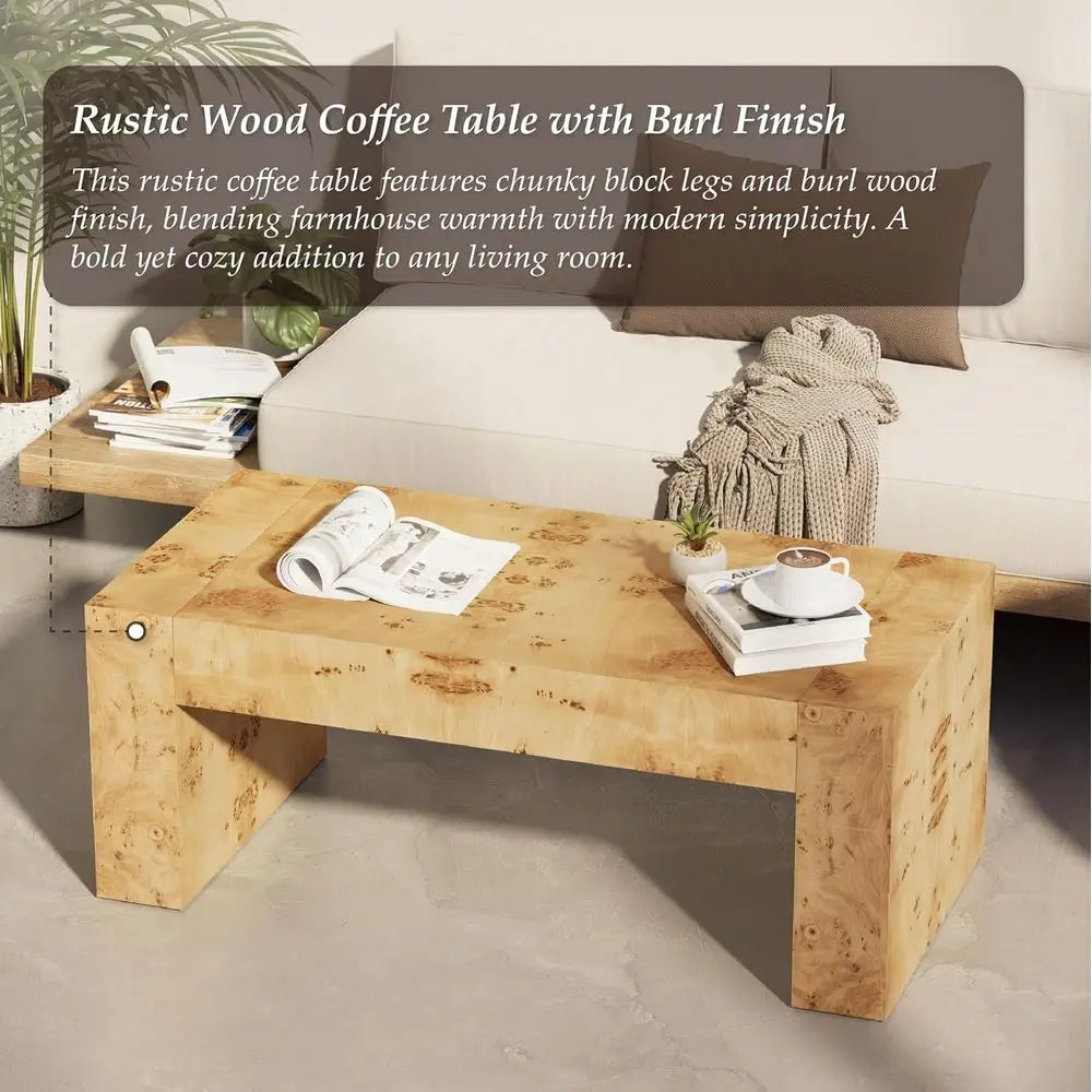 Elegant Thick-Legged Burl Wood Coffee Table, Perfect for Living Rooms, Sturdy and Chic, Suitable for Modern or Traditional Home
