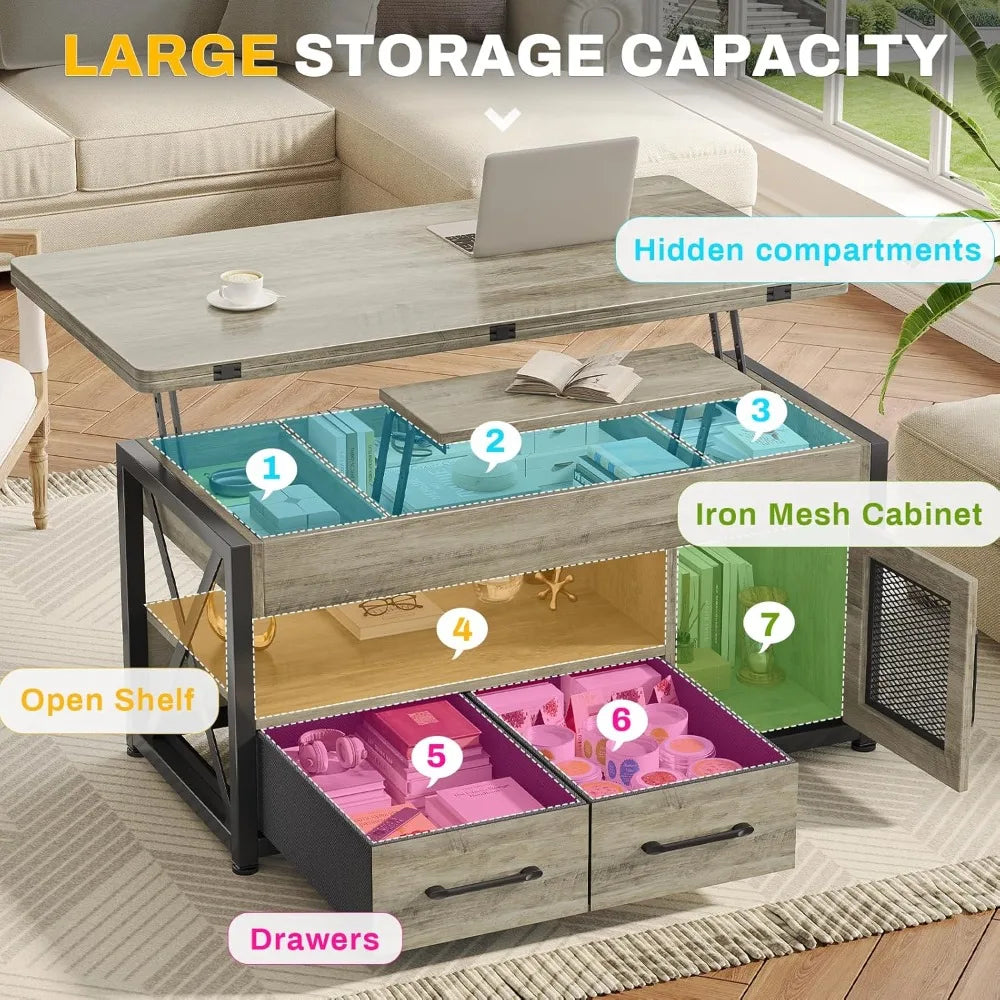 40" Lift Top Coffee Table with Storage, LED Light, 4-in-1 Design for Living Room & Dining Room