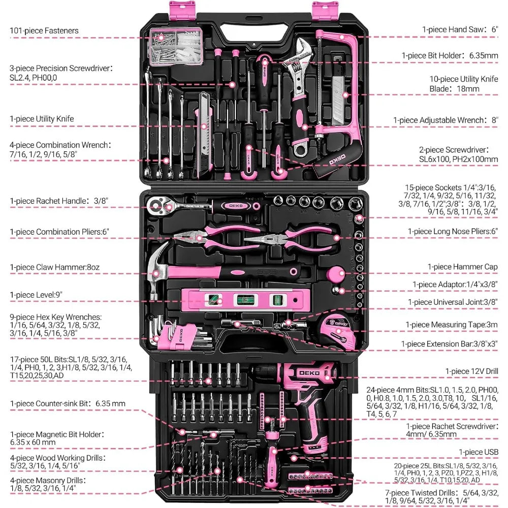 Pink Tool Kit Box with 12V Cordless Drill, Hand Repair Tools Sets Combo for Men & Women