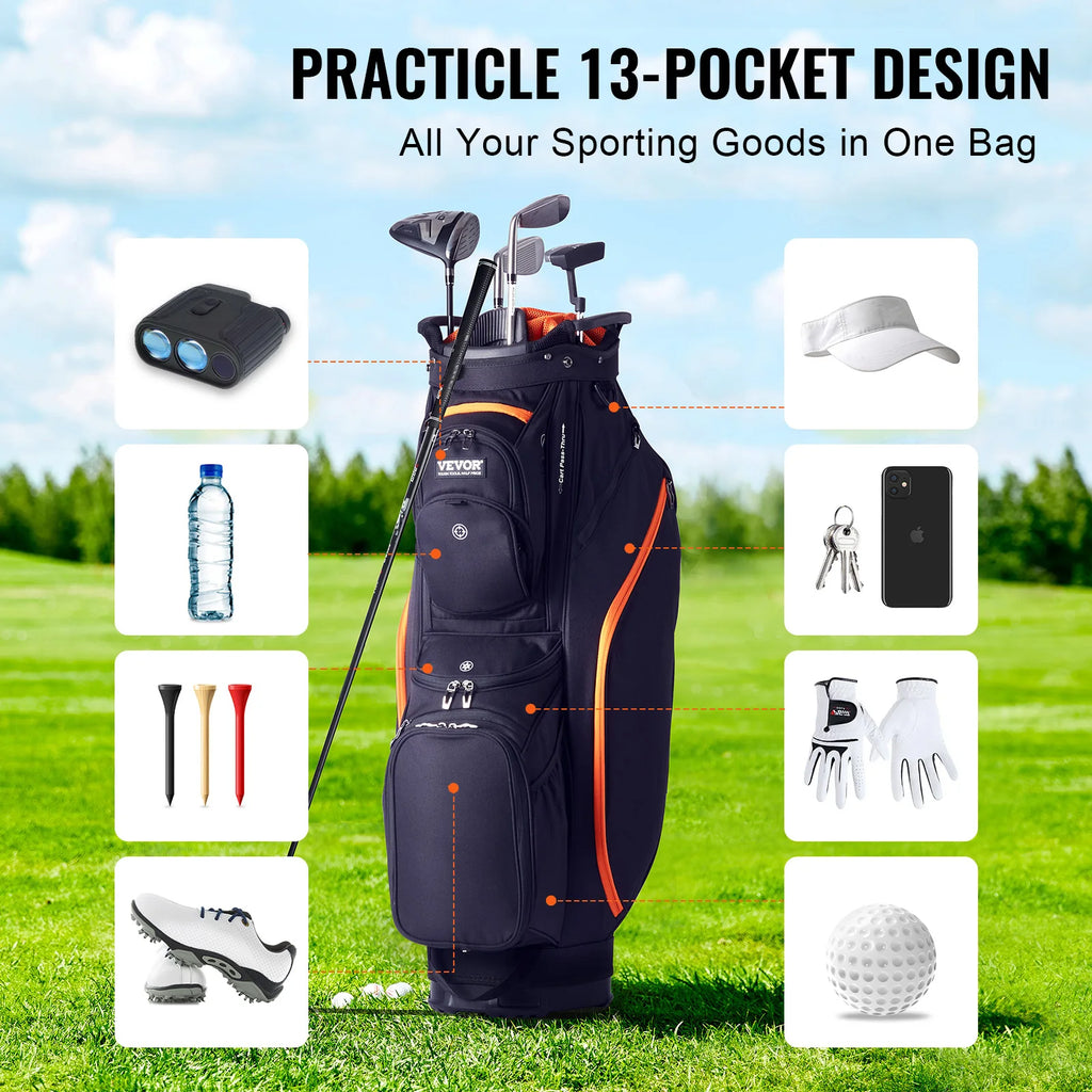 SucceBuy Golf Cart Bag with 14 Way Organizer Divider Top 36” 13 Pockets Premium Cart Bag Durable for Men & Women, Black & Orange