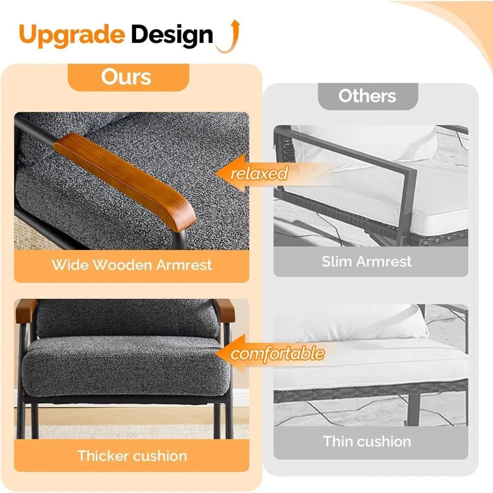 Mid-Century Modern Accent Armchiar for Small Space, Small Comfy Upholstered Leisure Reading Chair with Wood Armrest for B