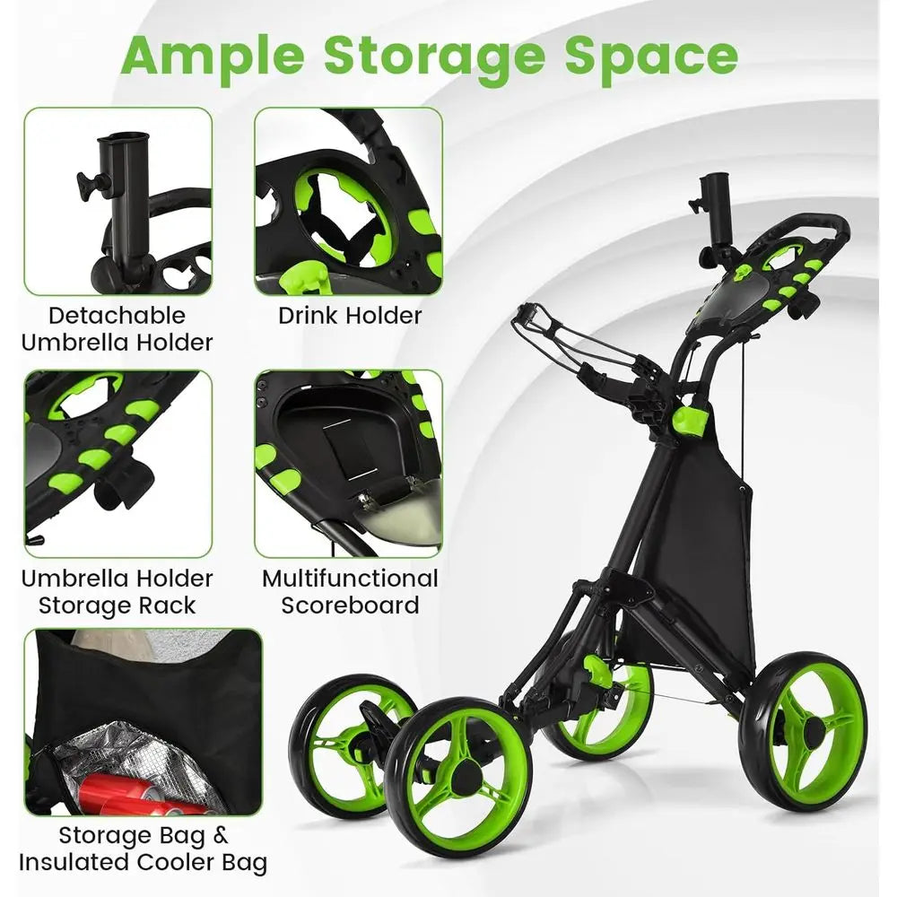 Compact Folding Golf Trolley with Scorecard Holder, Cup, Umbrella, and Bag Support, Cooler Bag, Elastic Strap, Foot Brake, Adjus