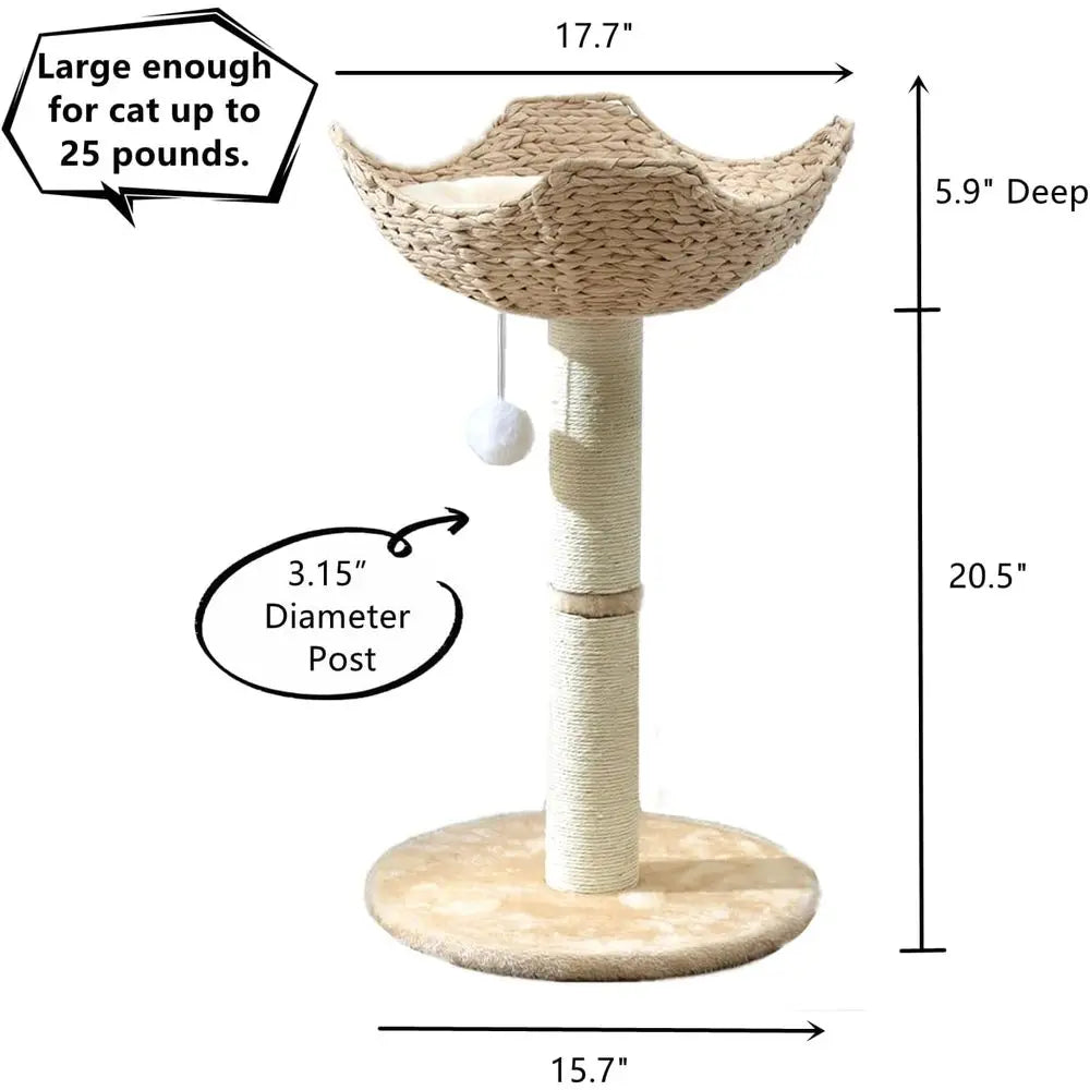 Large Cat Tower with 17.7 Rattan Basket, Handwoven Bed, Window Perch for Cats up to 25lbs