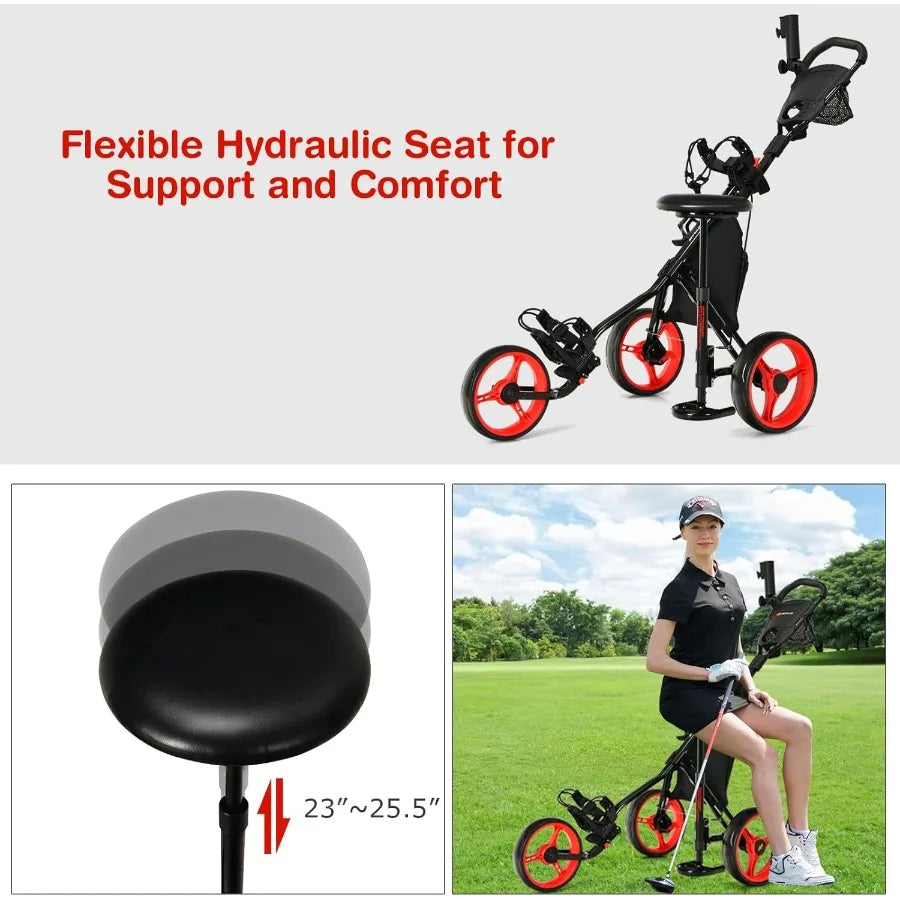 Foldable 3Wheel Height Adjustable Lightweight Golf Caddy Cart with Umbrella Holder Hydraulic Seat Storage Bag Cup Holder for Ea