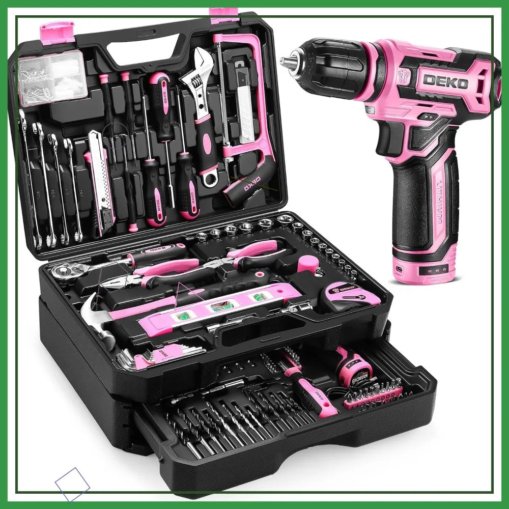 Pink Tool Kit Box with 12V Cordless Drill, Hand Repair Tools Sets Combo for Men & Women