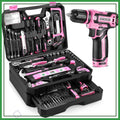 Pink Tool Kit Box with 12V Cordless Drill, Hand Repair Tools Sets Combo for Men & Women