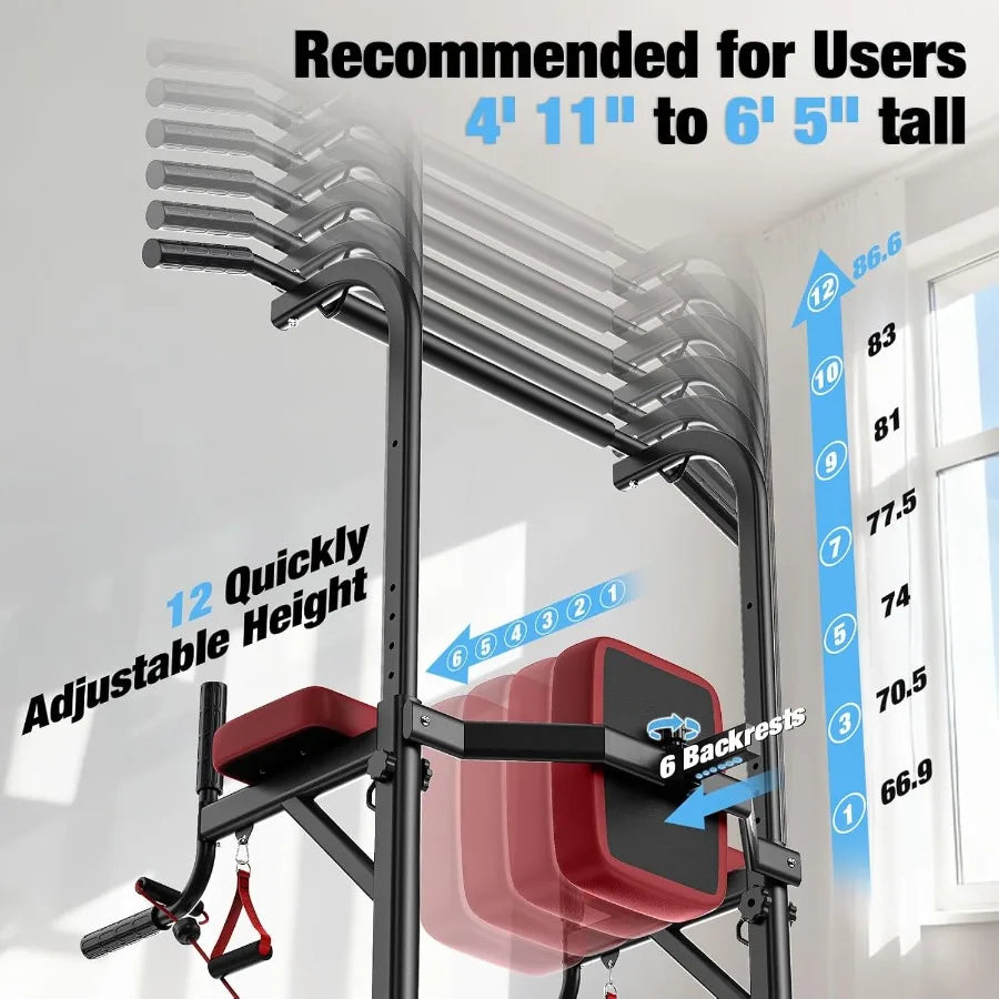 Power Tower Pull Up Bar Station for Home Gym Strength 450LBS Pull Up Dip Station Assistive Trainer Height Adjustable with Elast