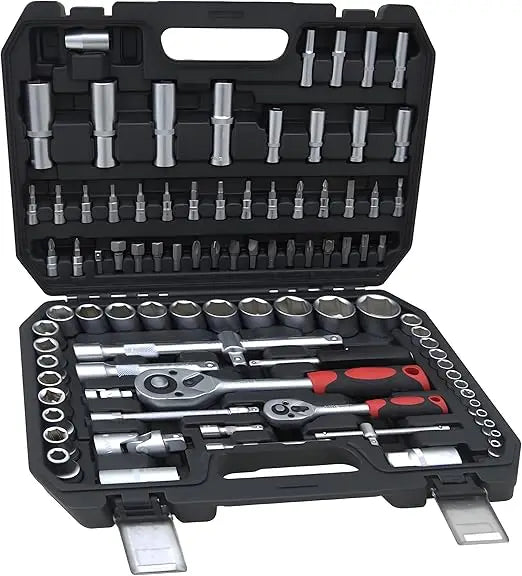 Hand tools, Mechanics Tool Set 94pcs Socket Set wih Case, 1/4 & 1/2 Drive, Versatile and Durable Tool Kit for Auto & Motorcycle
