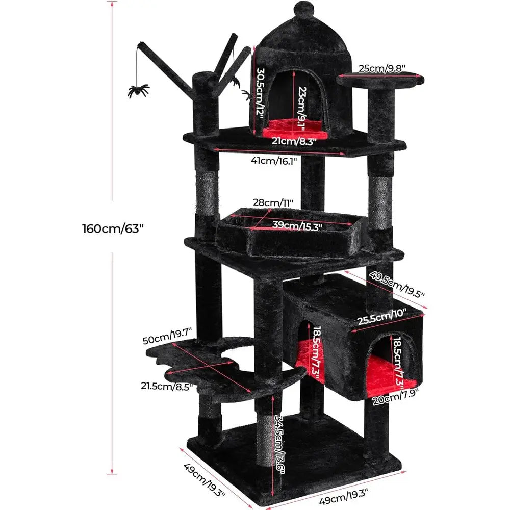 Large 63 Gothic-Style Cat Tower with Coffin Bed, Cat Houses, Scratching Posts for Cats Over 20 lbs, Black & Red