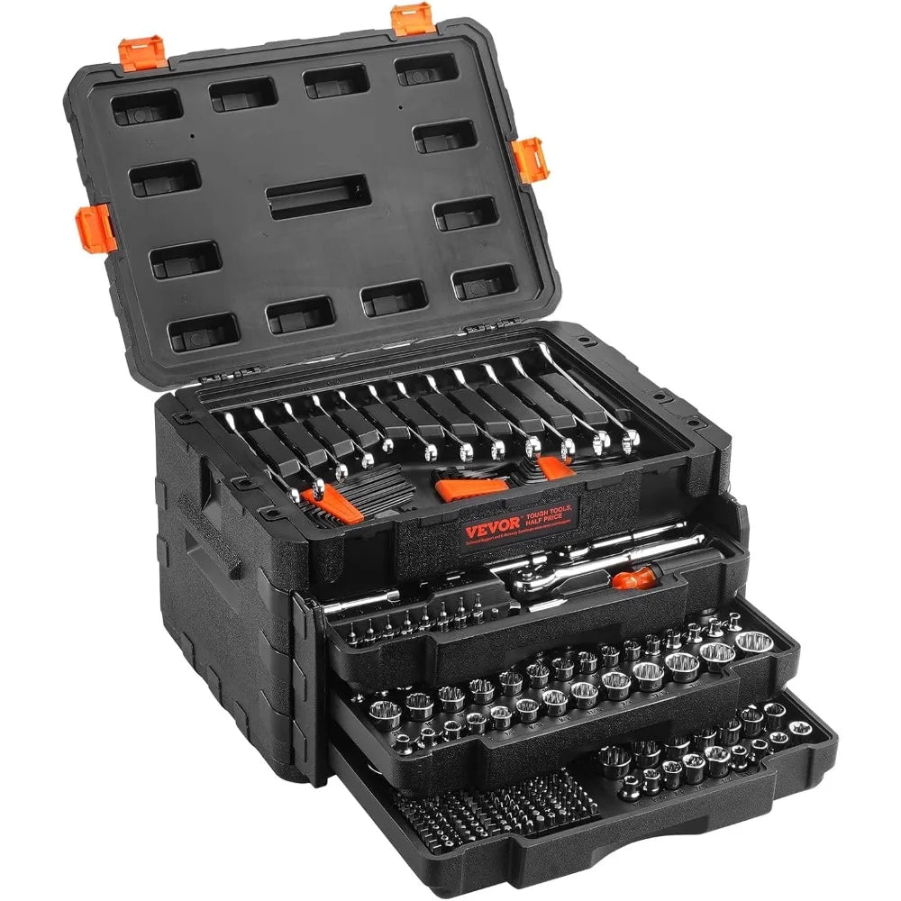 VEVOR Mechanics Tool Set and Socket Set, 1/4 3/8 1/2 Drive Deep and Standard Sockets, 450 Pcs SAE and Metric Mechanic Tool Kit w