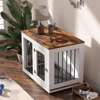 White Dog Crate Furniture for Medium Dogs Up to 40 lbs - Decorative Puppy Kennel with Wide Farmhouse Table Top & Steel Bar