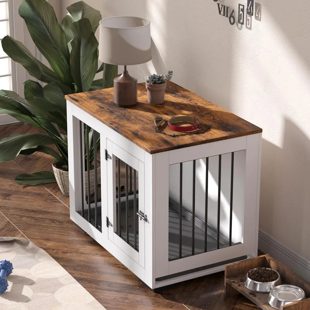 White Dog Crate Furniture for Medium Dogs Up to 40 lbs - Decorative Puppy Kennel with Wide Farmhouse Table Top & Steel Bar