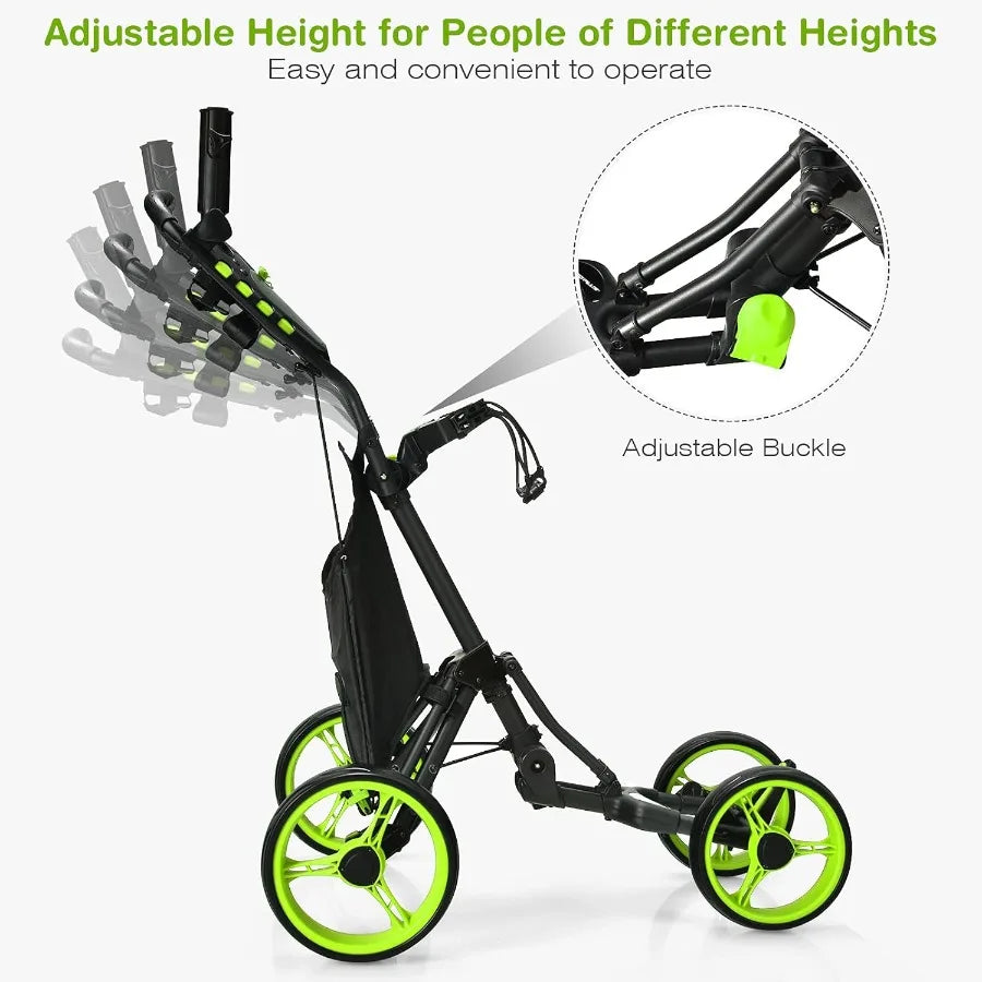 Height Adjustable Portable Golf Push Cart with Umbrella Holder Waterproof Bag Built-in Cooler Foot Brake for Easy Transport and