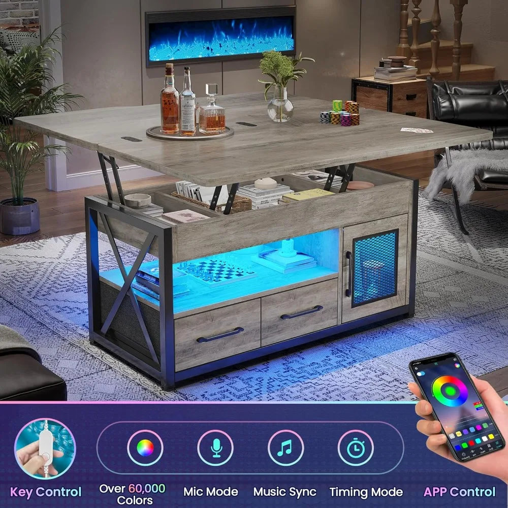 40" Lift Top Coffee Table with Storage, LED Light, 4-in-1 Design for Living Room & Dining Room