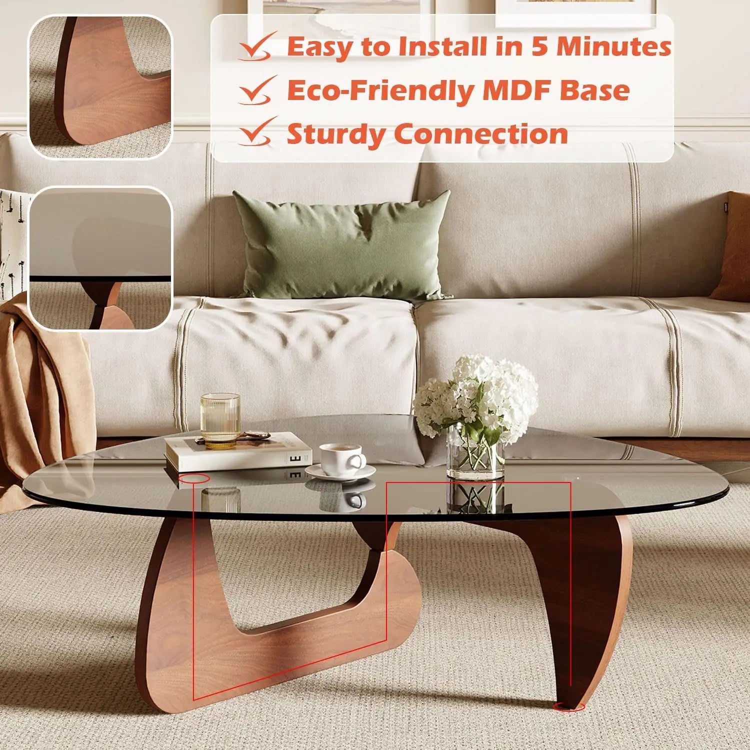Modern Triangle Coffee Table for Living Room, Small Spaces, Tempered Glass Top & Eco-Friendly MDF Base, Walnut Finish