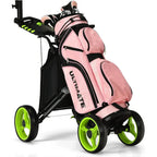 Height Adjustable Portable Golf Push Cart with Umbrella Holder Waterproof Bag Built-in Cooler Foot Brake for Easy Transport and
