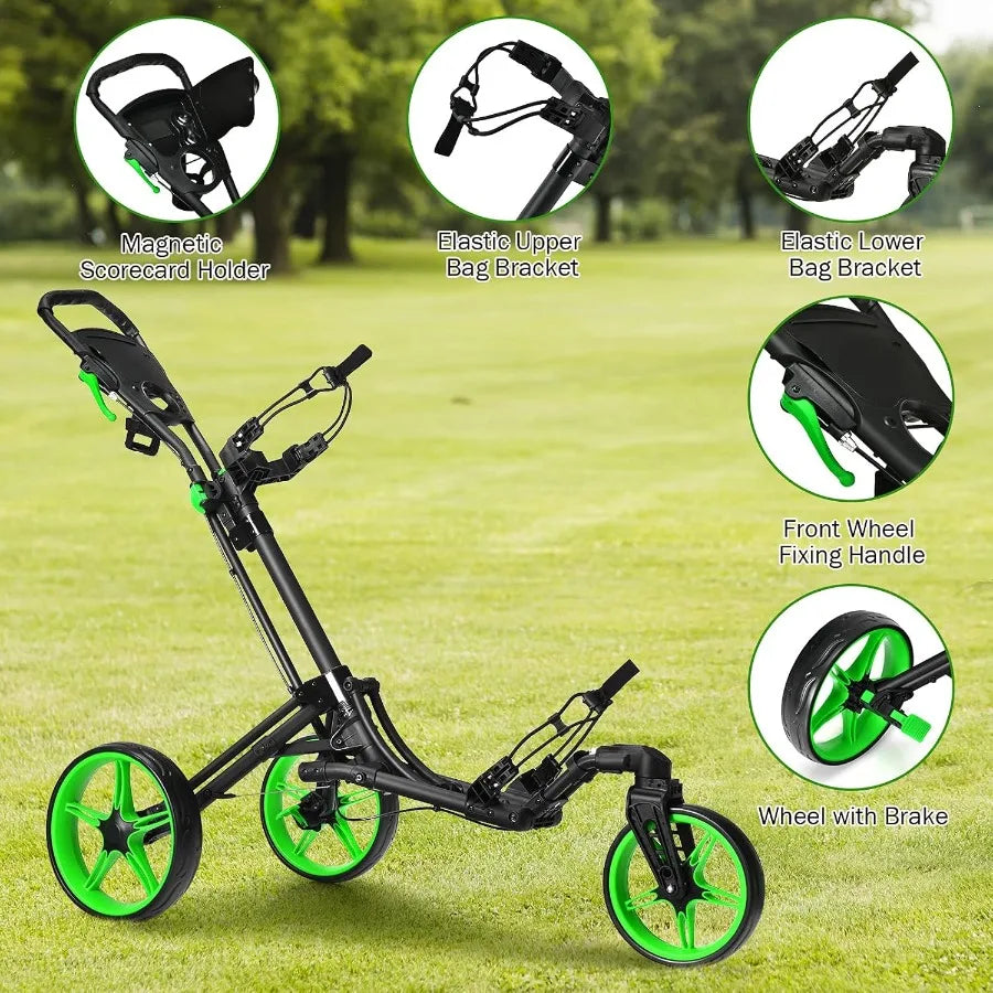 Folding Golf Push Cart with Swivel Front Wheel 3 Wheel Adjustable Golf Pull Cart for Easy Transportation and Compact Storage Id