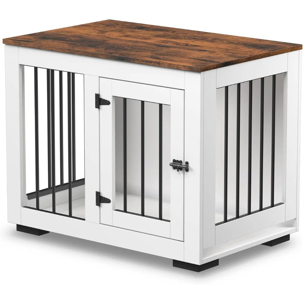 White Dog Crate Furniture for Medium Dogs Up to 40 lbs - Decorative Puppy Kennel with Wide Farmhouse Table Top & Steel Bar