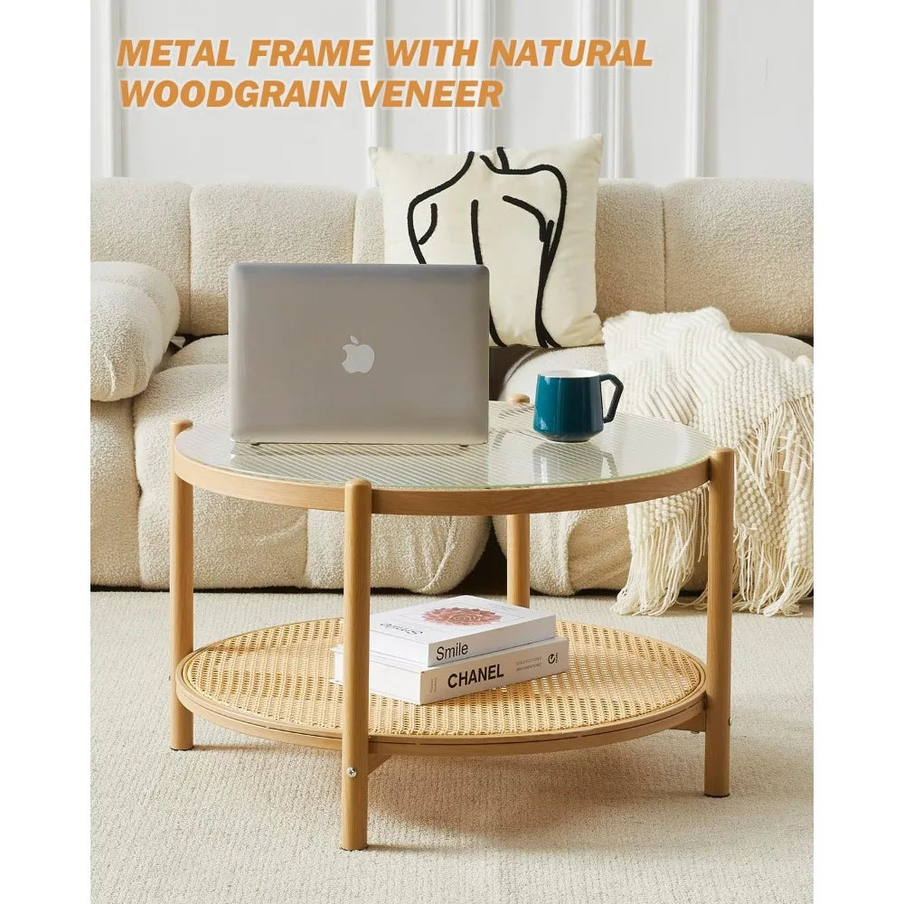 27.5 Boho Rattan Coffee Table, Round Glass Metal Center Table, Modern Simple 2 Tier Middle Table for Small Space Living