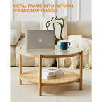 27.5 Boho Rattan Coffee Table, Round Glass Metal Center Table, Modern Simple 2 Tier Middle Table for Small Space Living