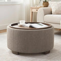Round Storage Ottoman Coffee Table, Modern Boucle Ottoman with Lift-Off Lid and Solid Wood Legs for Living Room, Bedroom, Corner