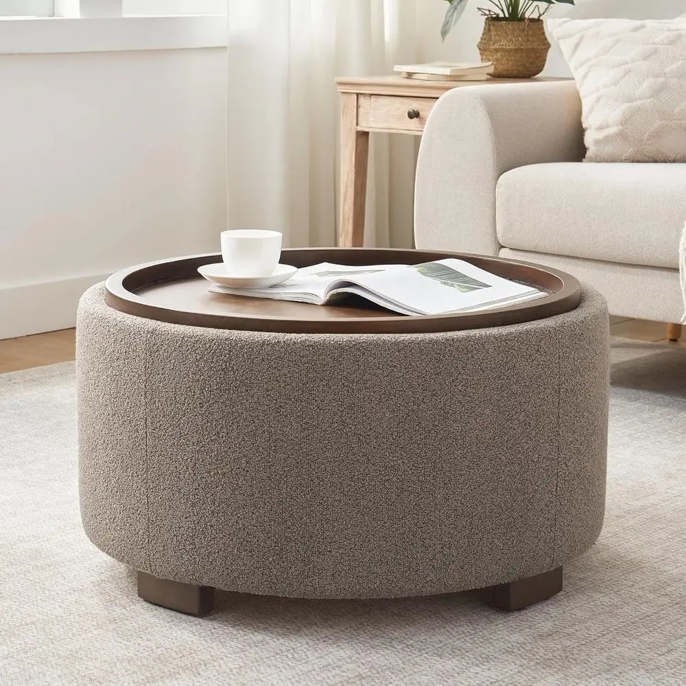 Round Storage Ottoman Coffee Table, Modern Boucle Ottoman with Lift-Off Lid and Solid Wood Legs for Living Room, Bedroom, Corner