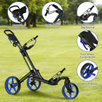 Adjustable 3-Wheel Folding Golf Trolley for Clubs with Swivel Front Wheel and Compact Design