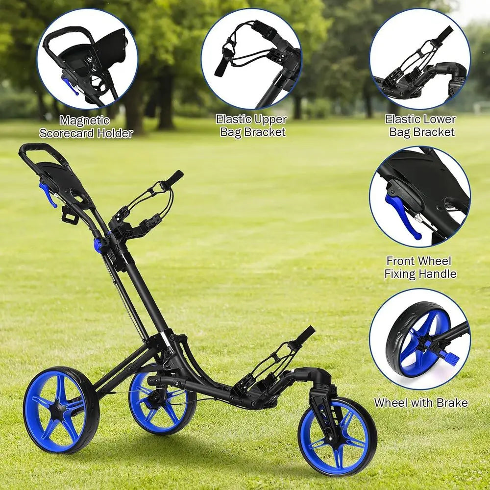 Adjustable 3-Wheel Folding Golf Trolley for Clubs with Swivel Front Wheel and Compact Design