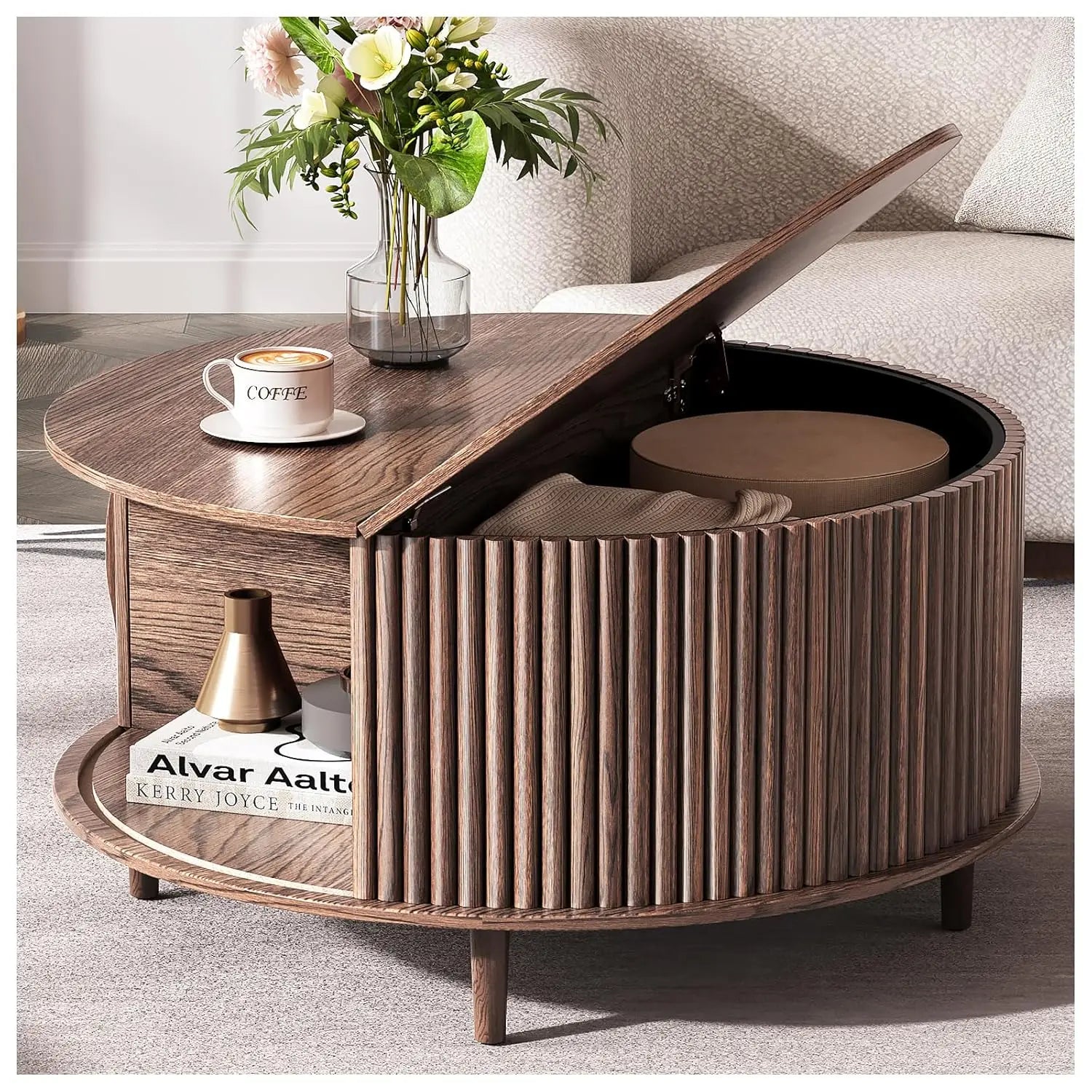 Round Coffee Table with Storage, 31.5" Fluted Center Table for Living Room, Modern Walnut Wood Circle Drum Table, Customized