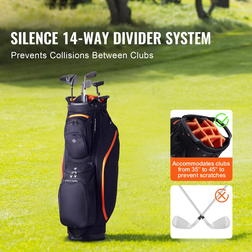 SucceBuy Golf Cart Bag with 14 Way Organizer Divider Top 36” 13 Pockets Premium Cart Bag Durable for Men & Women, Black & Orange