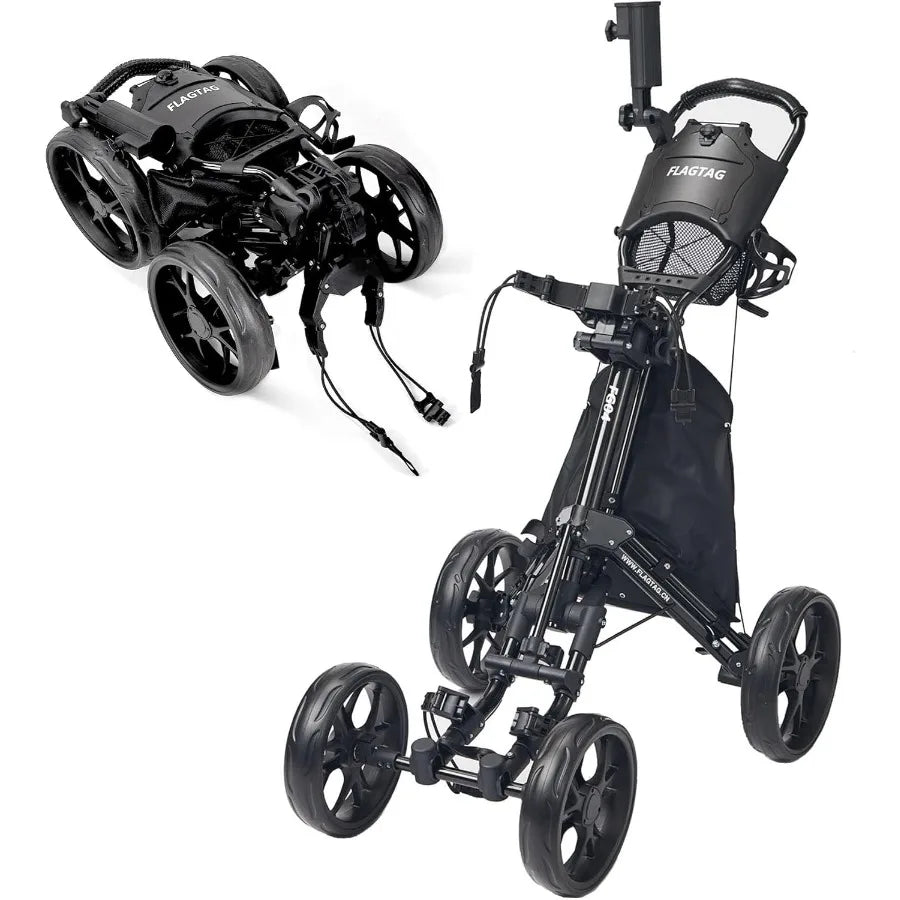 Golf Push Cart 4-WheelsFolding Golf Cart Golf Pull cart with Cup Holder Umbrella Holder Cooler Bag Foldable with one-Click Hand