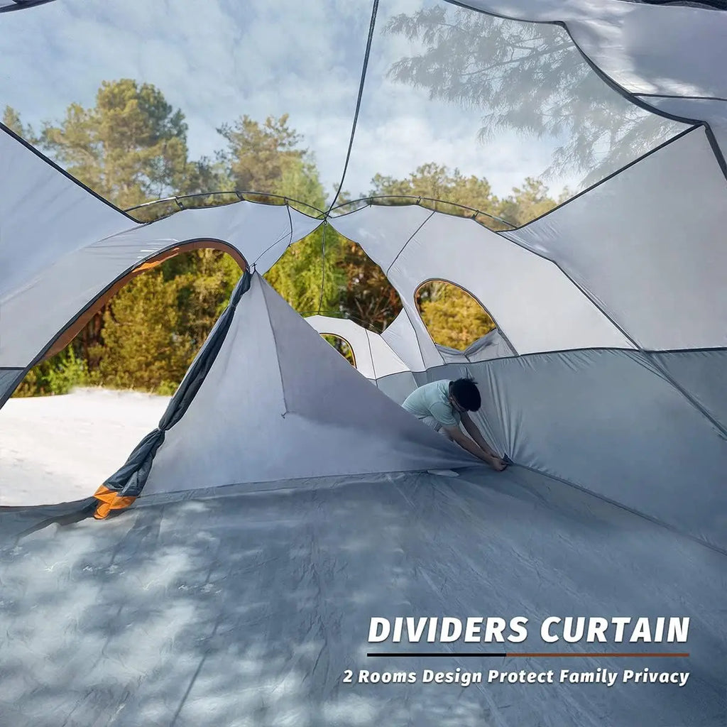 10-Person Family Camping Tent, Easy Setup, Waterproof, 2 Rooms, Large Mesh Windows for Ventilation and Star View