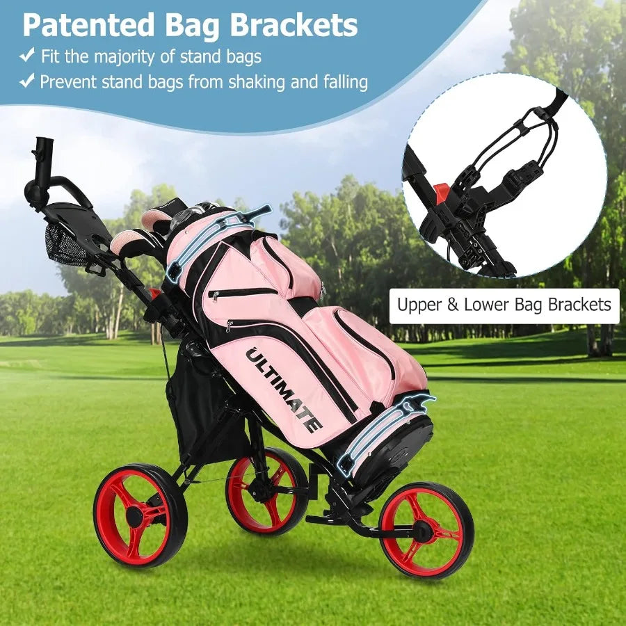 Lightweight Folding 3Wheel Golf Push Cart with Seat and Storage Bag for Easy Transport Featuring Foot Brake Adjustable Umbrella