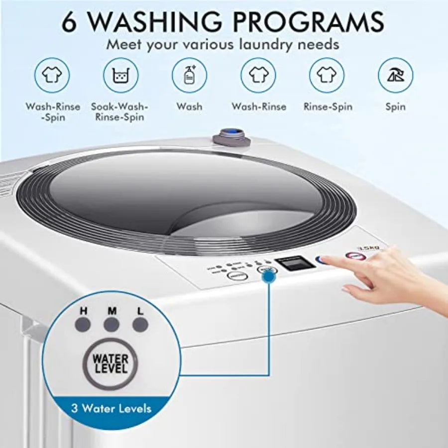 Portable Washing Machine 8Lbs Capacity Full-automatic Washer with 6 Wash Programs LED Display 3 Water Levels Compact Laundry Wa