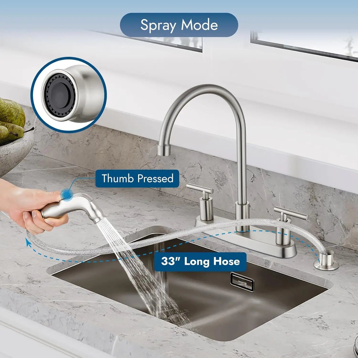 High Arc 360° Rotating Kitchen Faucet, 2-Handle, 8' Centerset, with Side Sprayer, Brushed Nickel