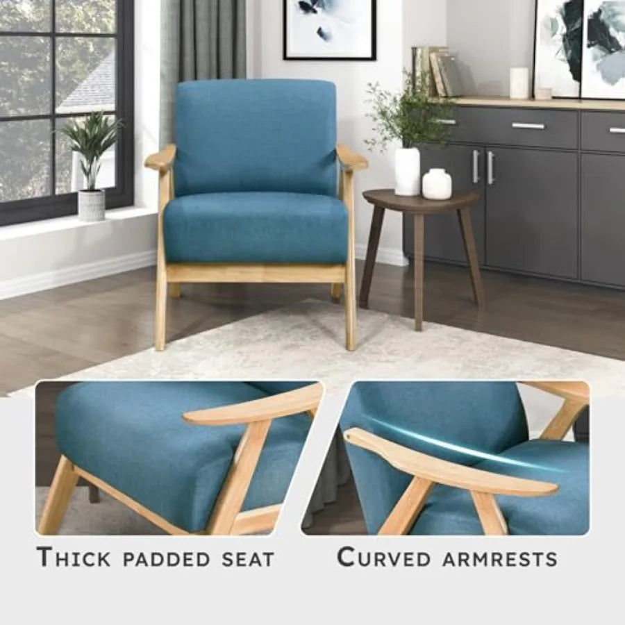 Mid Century Modern Accent Chair with Solid Wood Frame in Natural Finish Textured Fabric Living Room Lounge Arm Chair Thick and