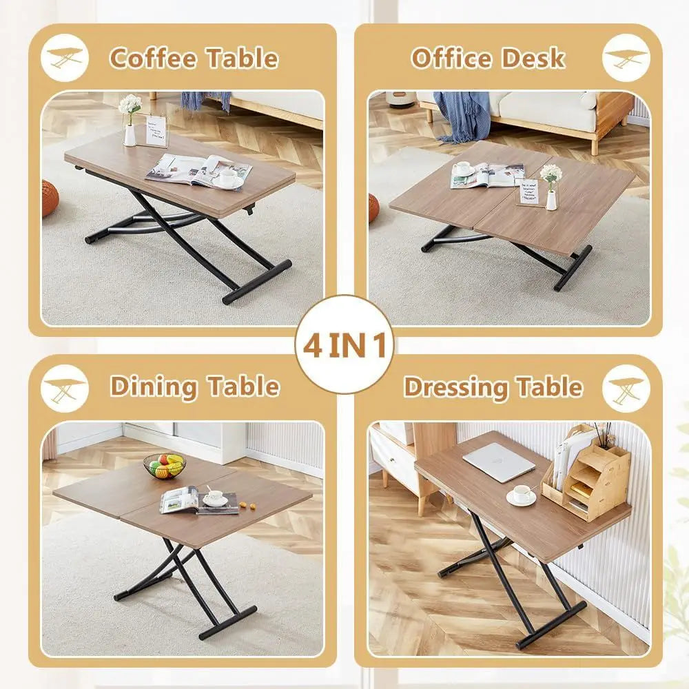 Convertible 4-in-1 Dining Table with Adjustable Height and Wheels, Suitable for Coffee to Dining Use in Apartments, Kitchens, an
