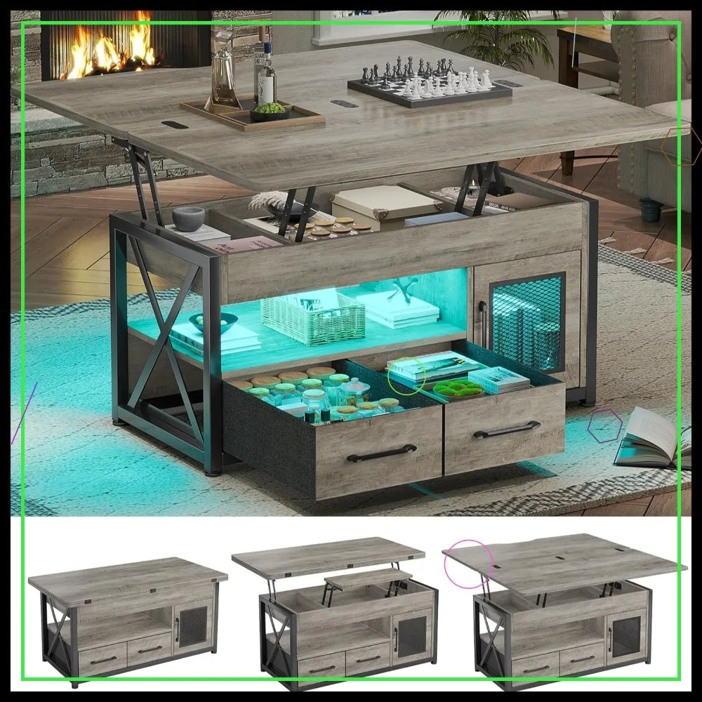 40" Lift Top Coffee Table with Storage, LED Light, 4-in-1 Design for Living Room & Dining Room