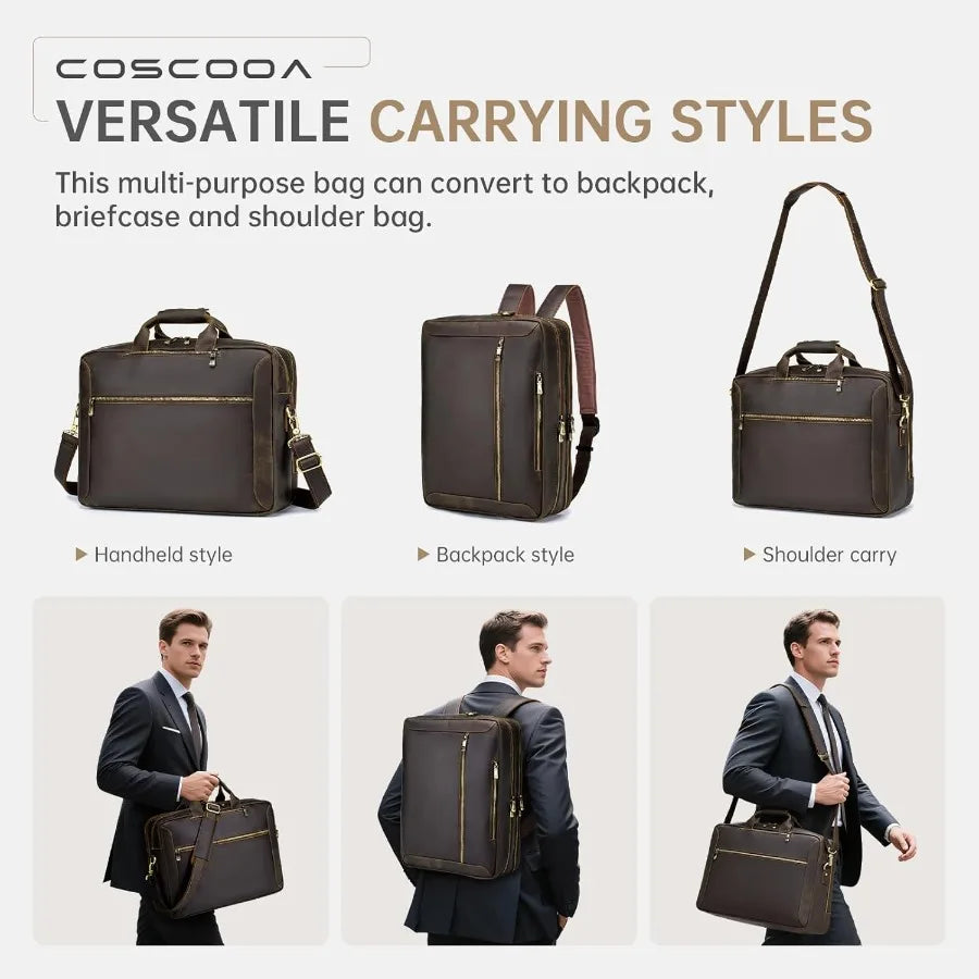 Large Full Grain Leather Briefcase Convertible Backpack For Men Business Travel Case Messenger Bag Fits 17.3" Laptop