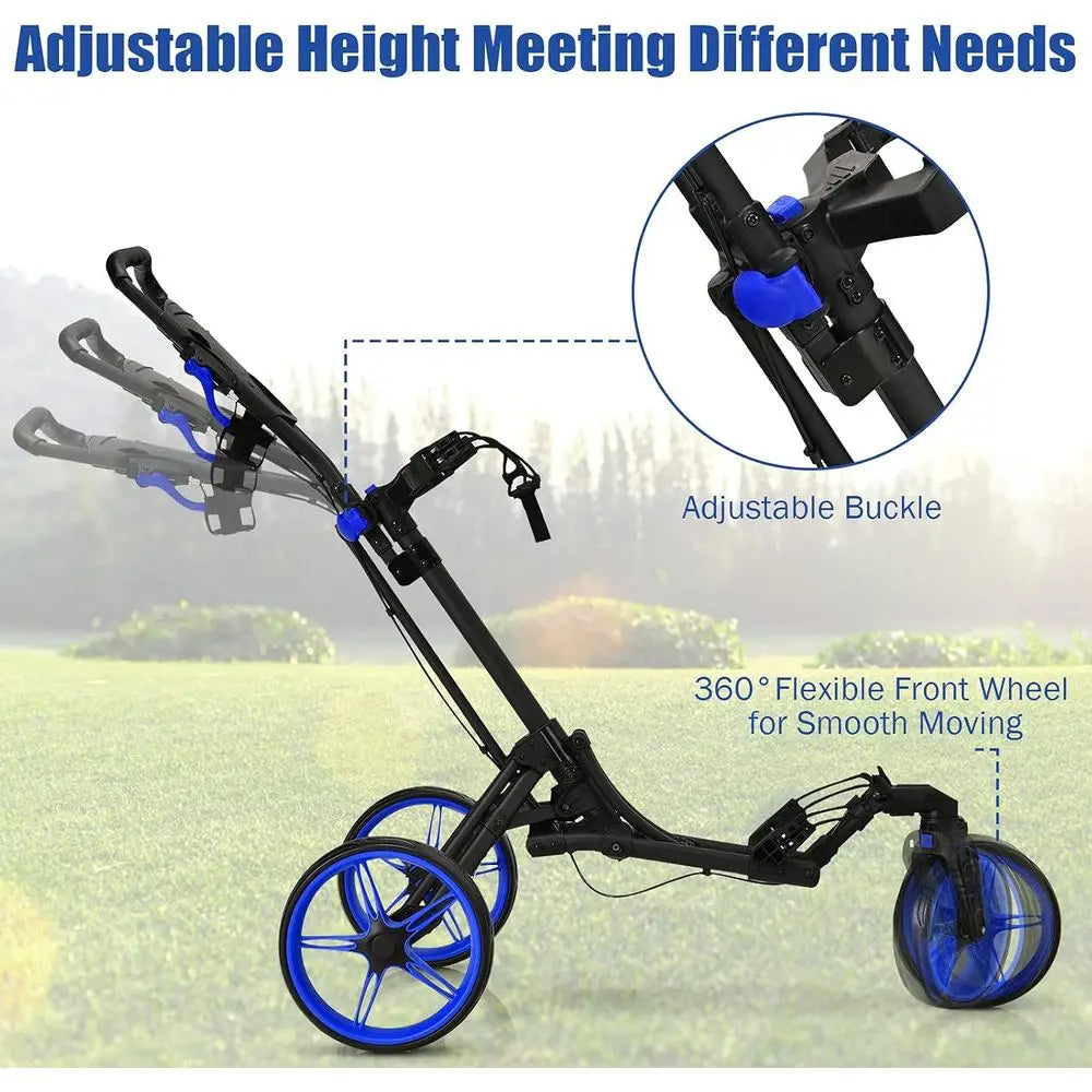 Adjustable 3-Wheel Folding Golf Trolley for Clubs with Swivel Front Wheel and Compact Design